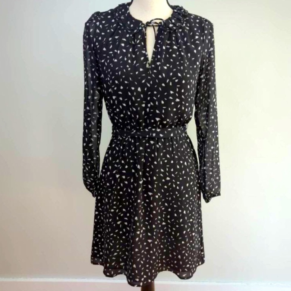 EUC Ann Taylor Loft Brushstroke Print Sheer Long Sleeve Tie Waist Dress 2 Petite